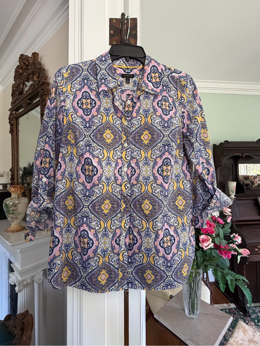 Talbots Paisley Geometric Button-Front Blouse in Pink, Navy & Yellow